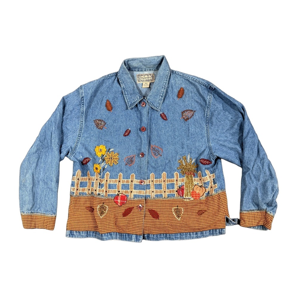 Tan Zara Blues Womens PXL Denim Fall Harvest Embroidered Shirt Jacket Blue PXL